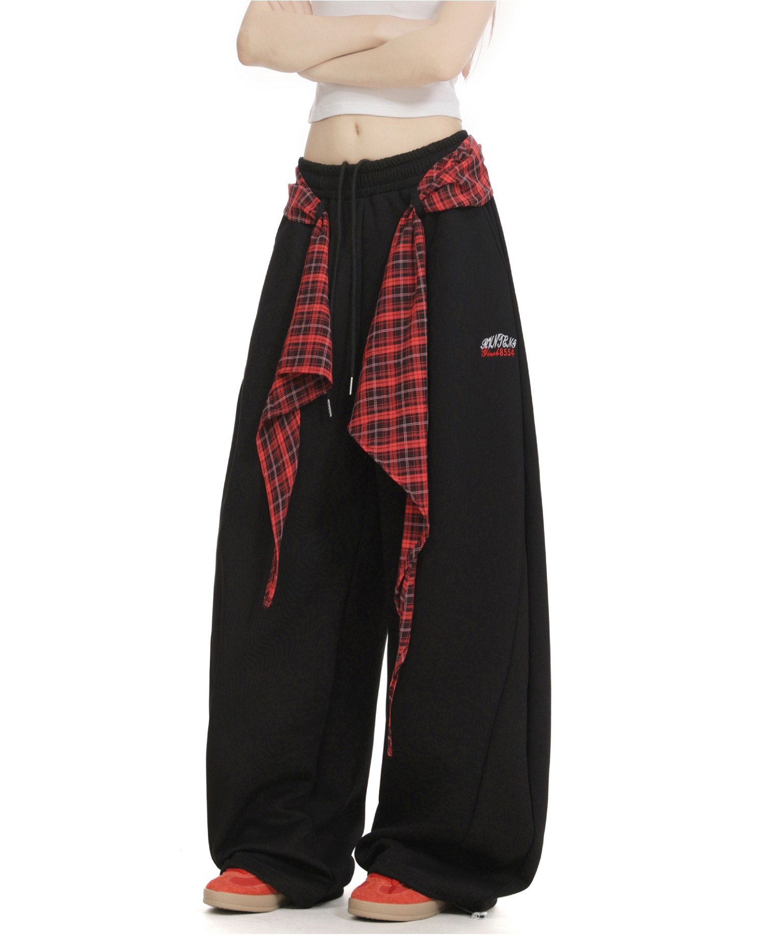 Y-C美式格子屁帘叠穿弯刀卫裤女宽松嘻哈街舞阔腿运动休闲裤子