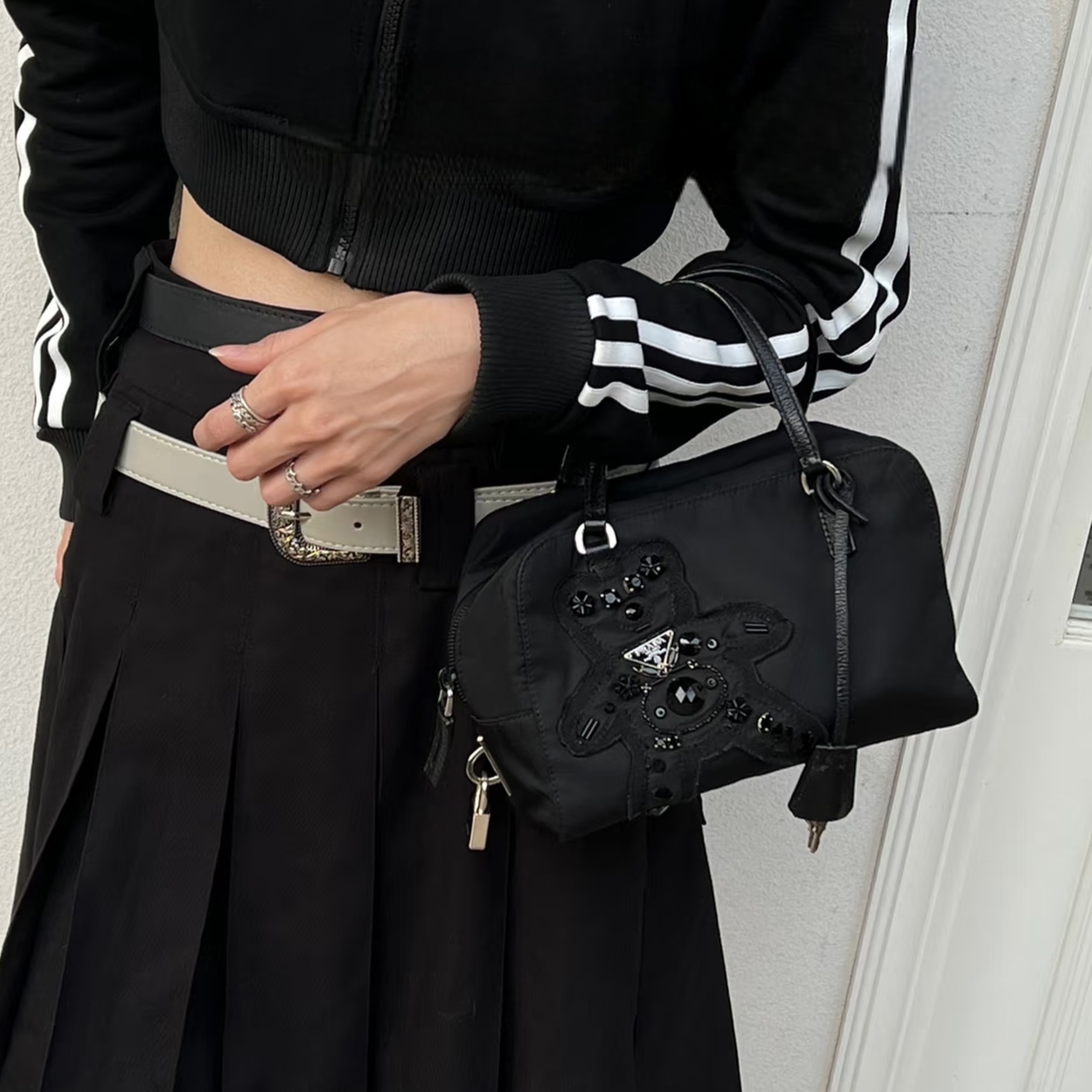 95新 Prada/普拉达 稀有小熊珠珠波士顿手提斜挎包