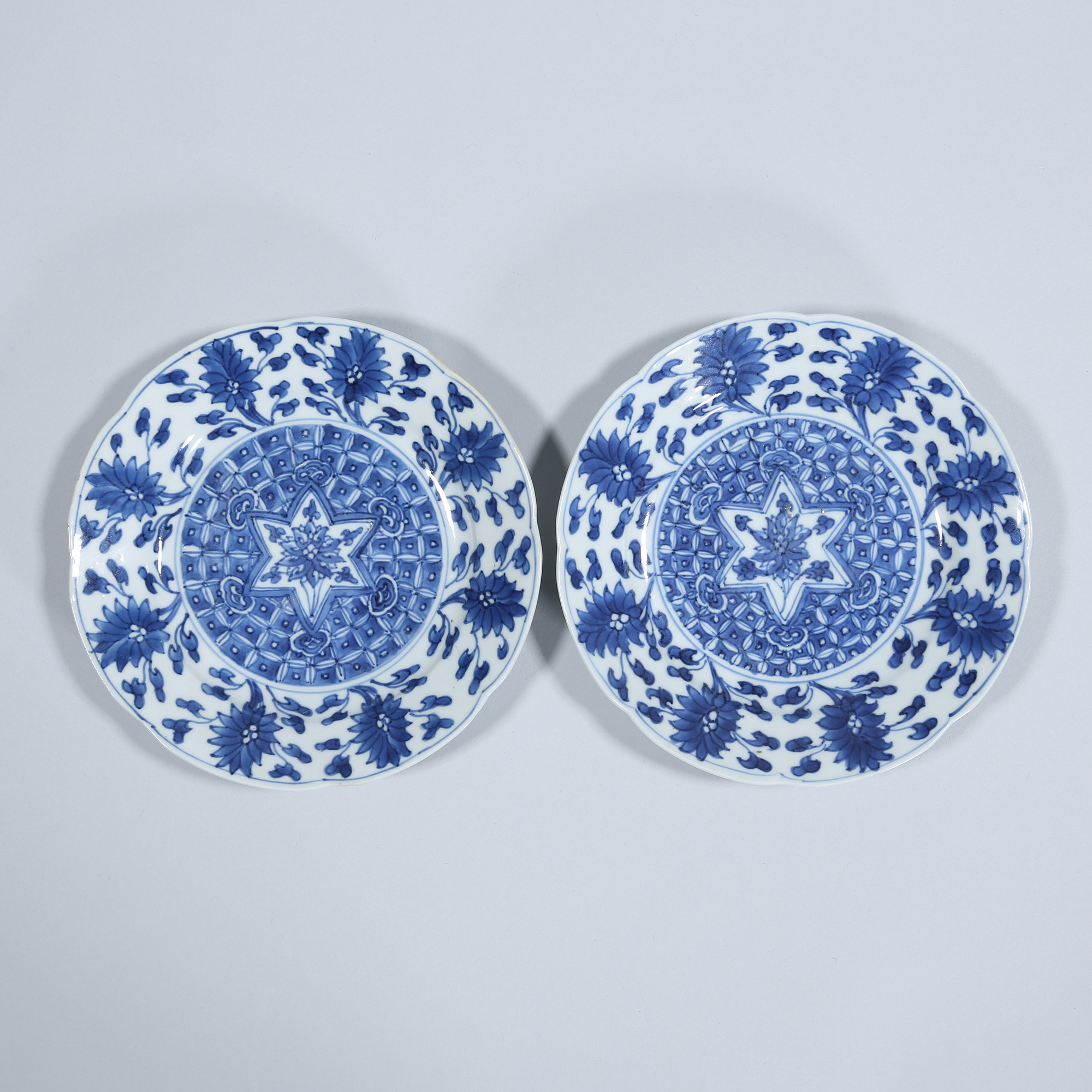 0303 清康熙 青花花卉花口盘一对