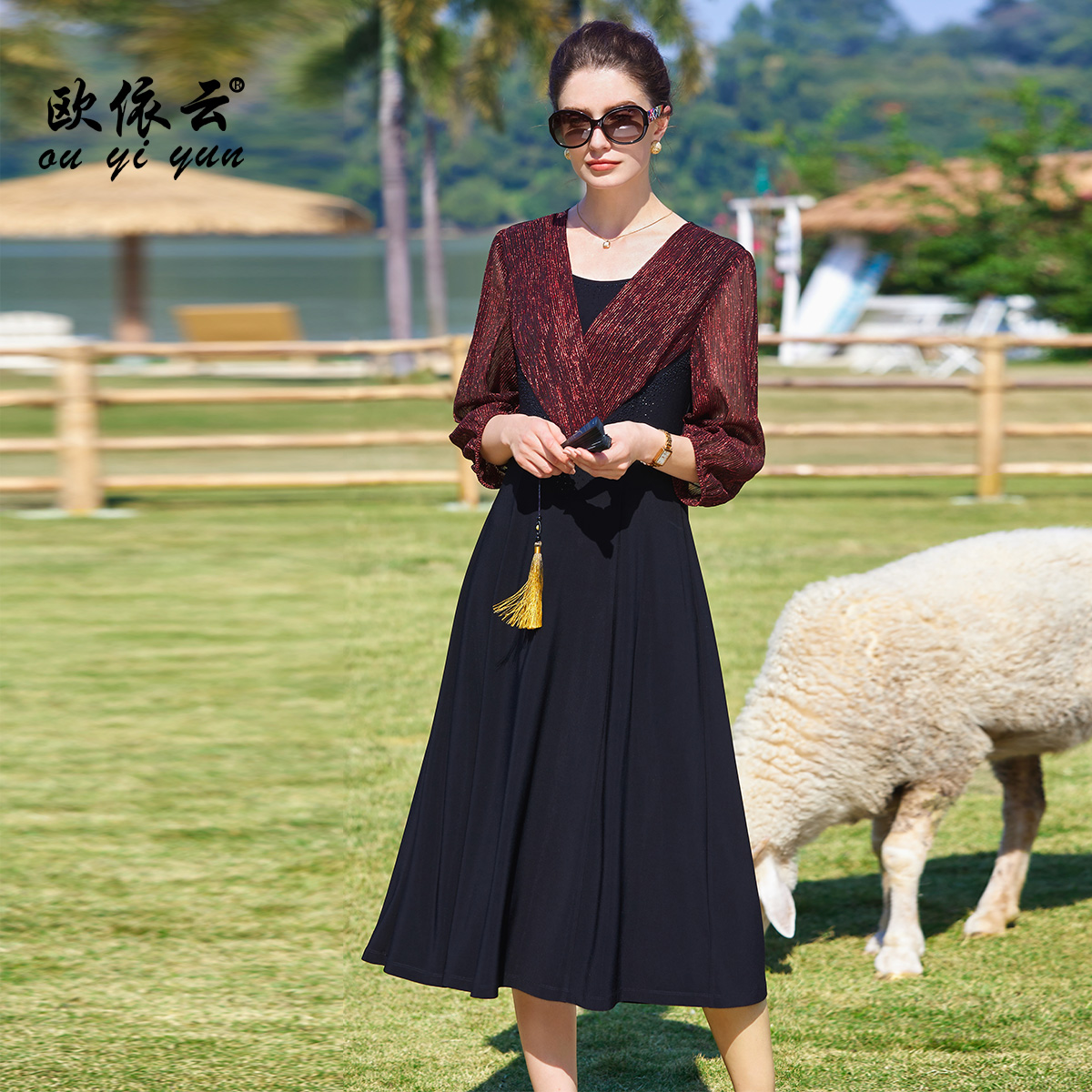 39869欧依云中年妈妈洋气显瘦裙子2025夏装假两件连衣裙修身大