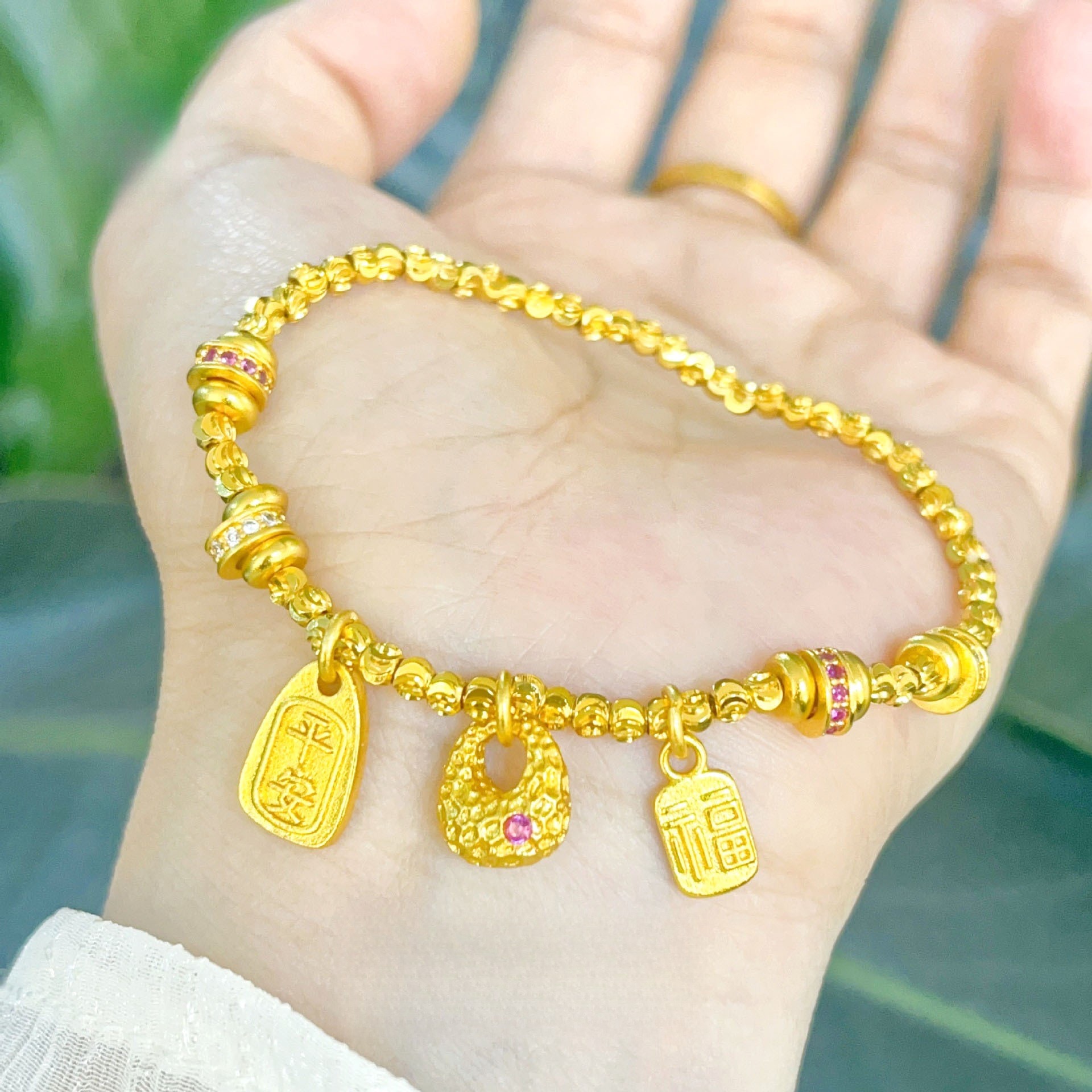 合金手链 【矿金手工制作】古法福牌金坨爆闪切花珠手链平安健康串