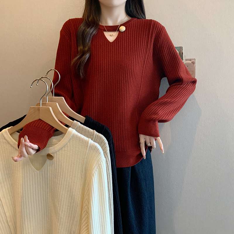 大码胖mm针织衫圆领镂空长袖打底毛衣宽松显瘦秋冬季通勤百搭上衣