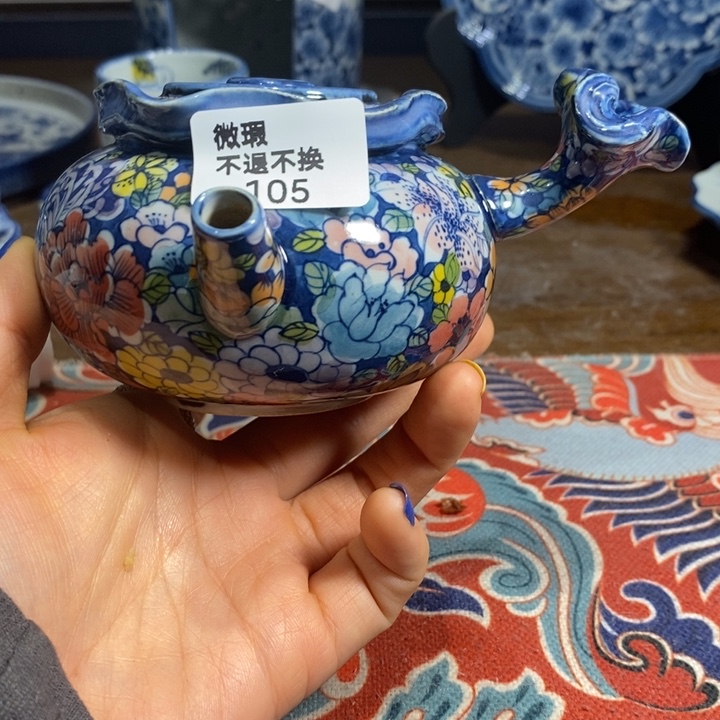 青花瓷景德镇手绘微瑕侧把五彩茶壶