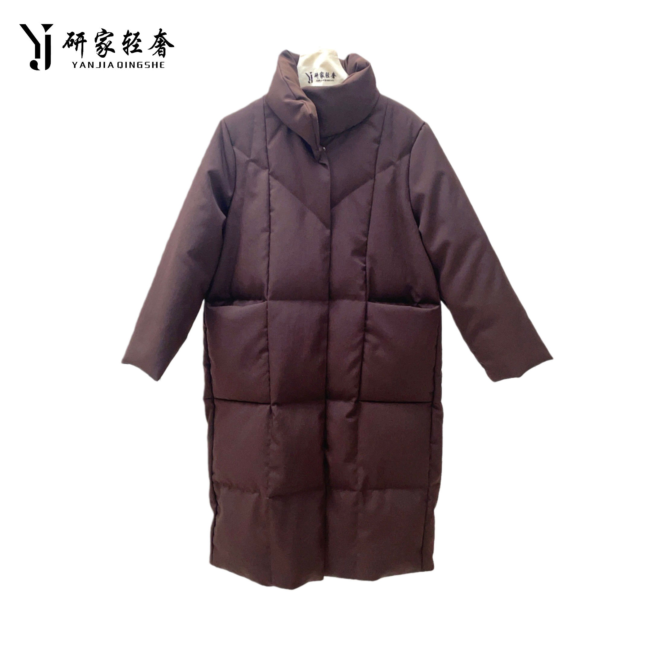 6245研家轻奢高级感立领中长款白鹅绒保暖羽绒服