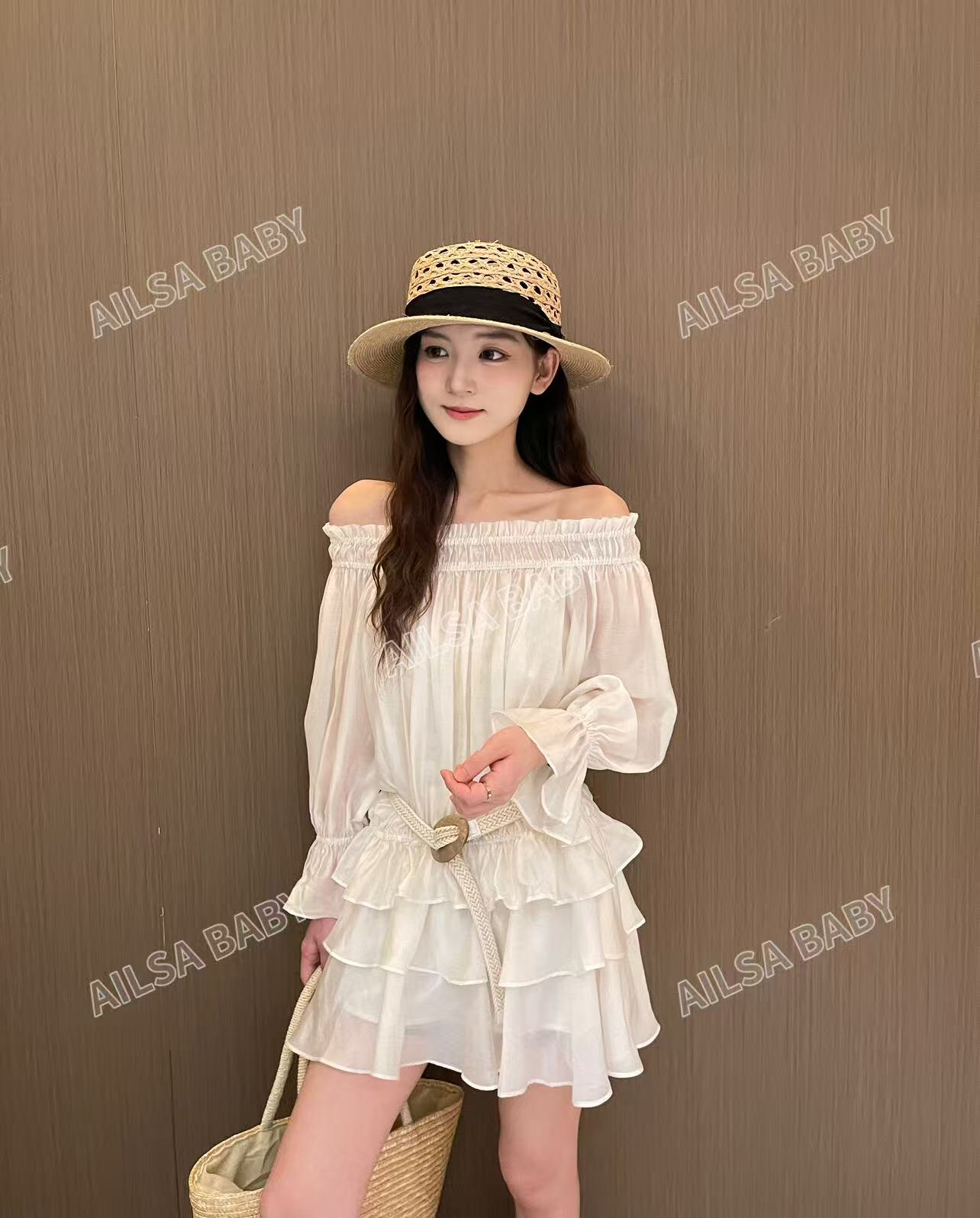 【AILSA BABY】欧货一字肩花边上衣+花边短裙套装/51508A