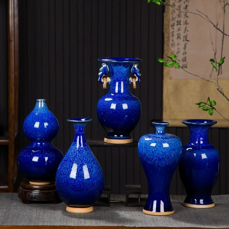 窑变瓷星空蓝插花小花瓶家居客厅电视柜博古架摆件中式陶瓷工艺品