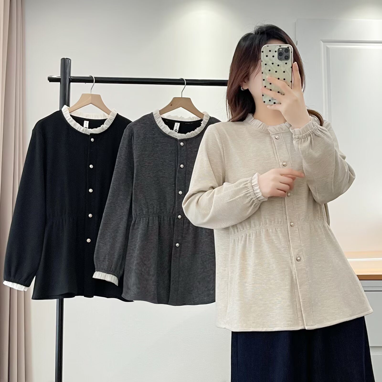 JIANAOBEN/简澳本微胖大码女装拼接木耳边收腰遮肉T恤打底衫上衣