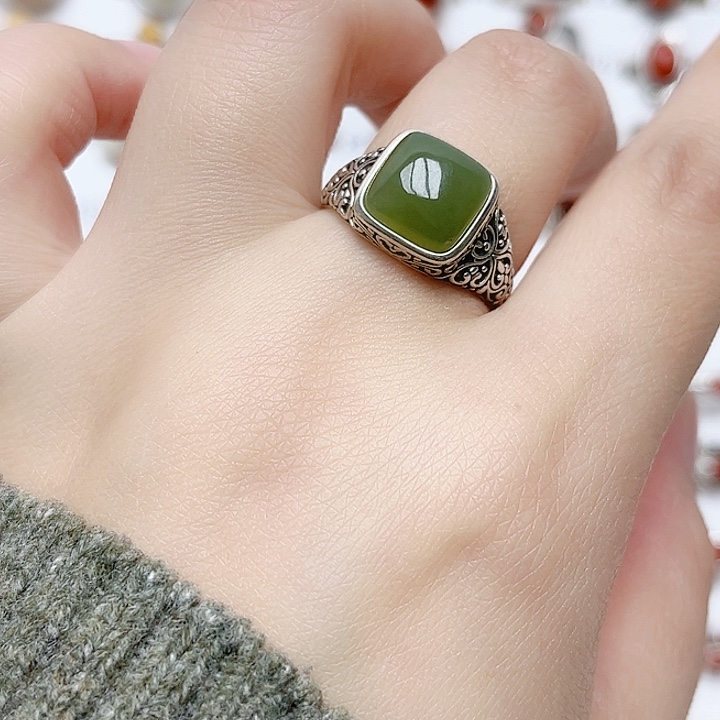 和田玉戒指银S925镶嵌天然