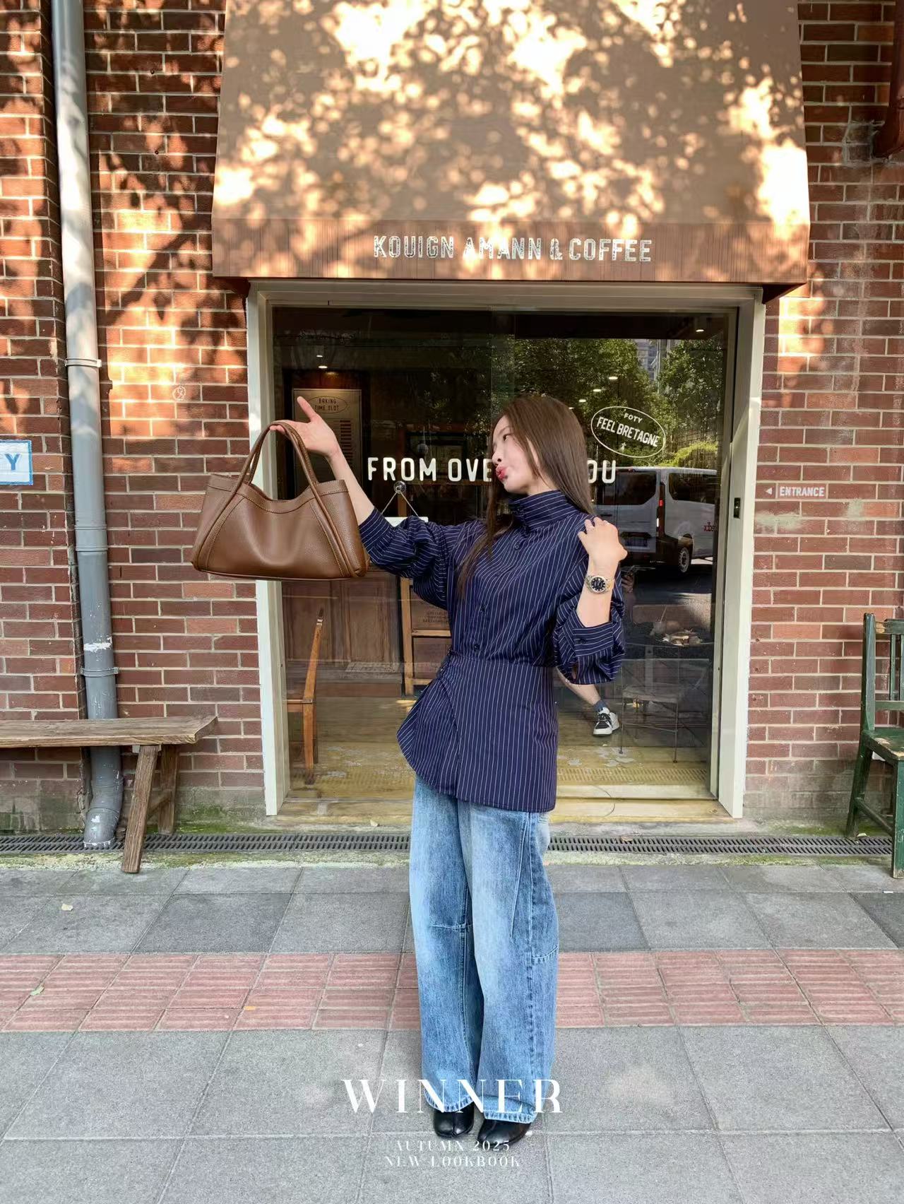 W 8053  法式百搭气质款条纹绑带衬衫上衣  w