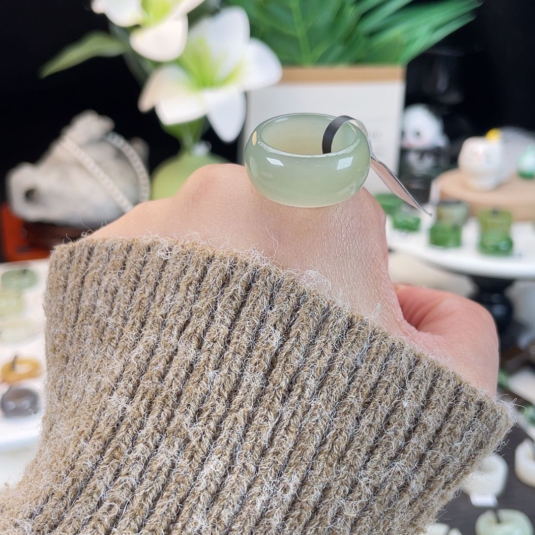 和田玉未镶嵌戒指E35冰玉青提墩墩18.4带24h