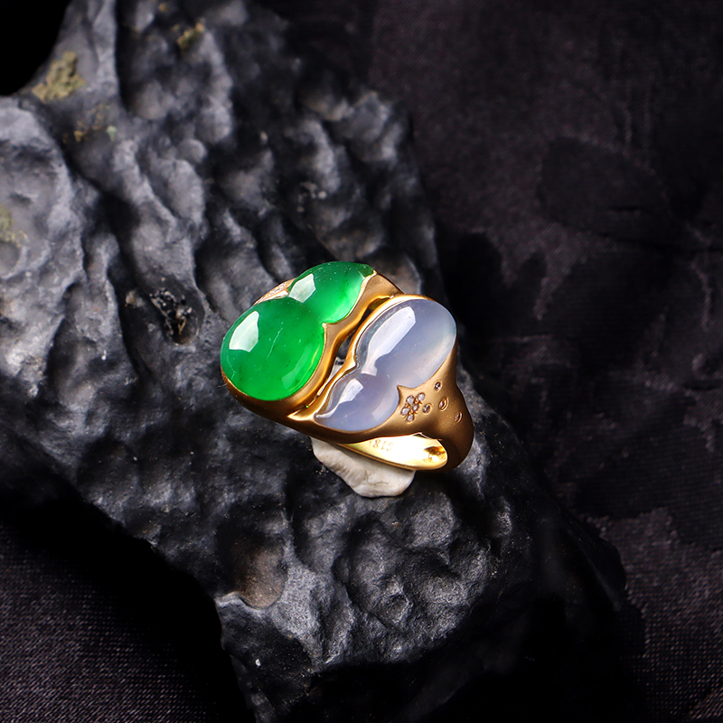 名玉艺术【福禄双全】天然缅甸翡翠 18K金镶嵌 冰种绿紫翡 翡翠戒指
