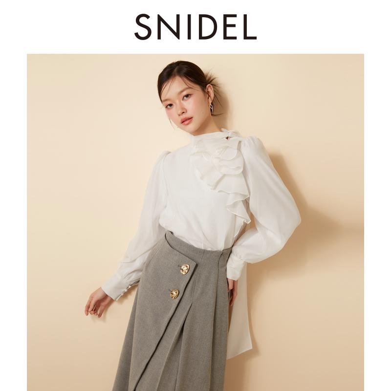 SNIDEL2024秋冬新品蝴蝶结系带泡泡袖荷叶边雪纺衬衫SWFB245076