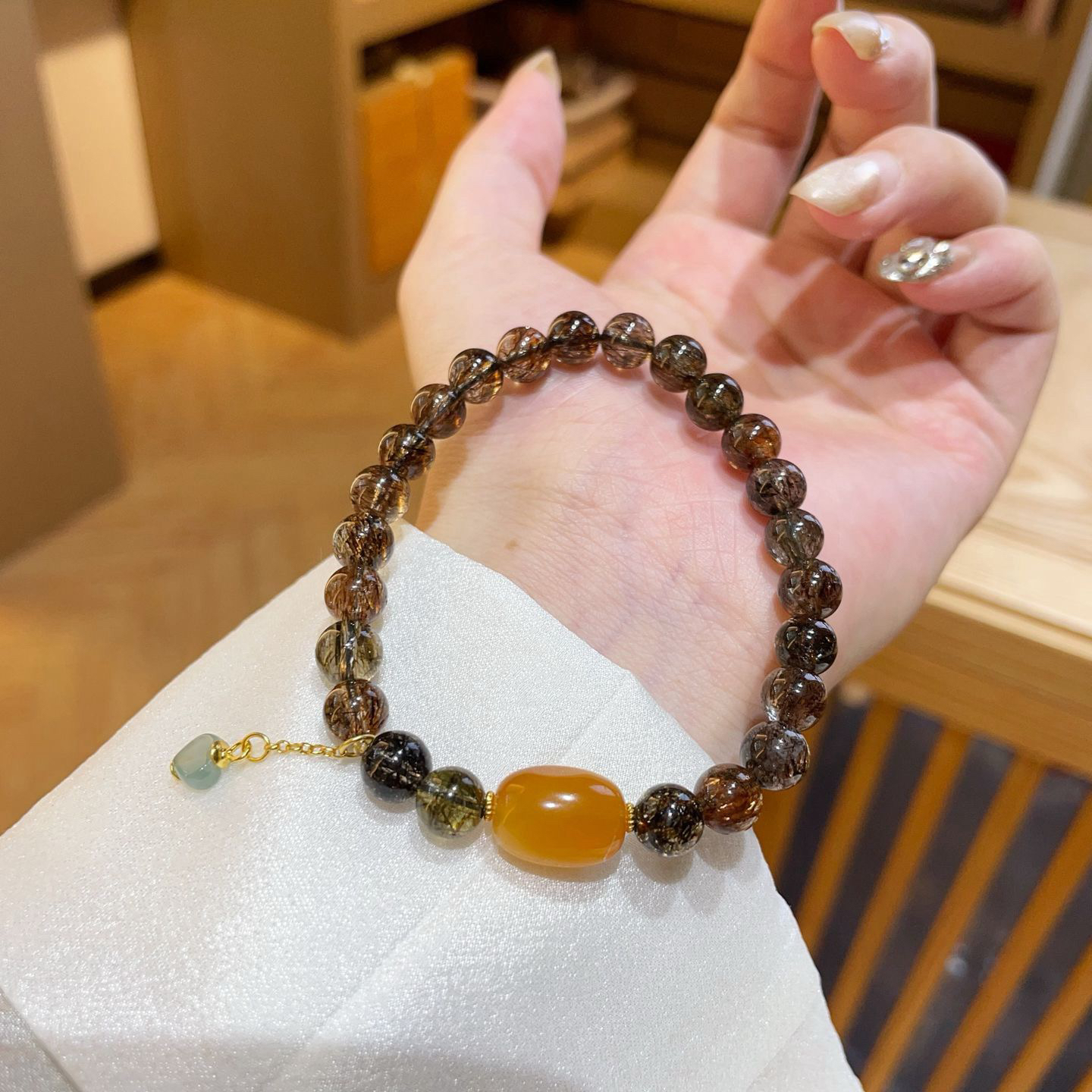 天然蜜蜡黑晶超七手链