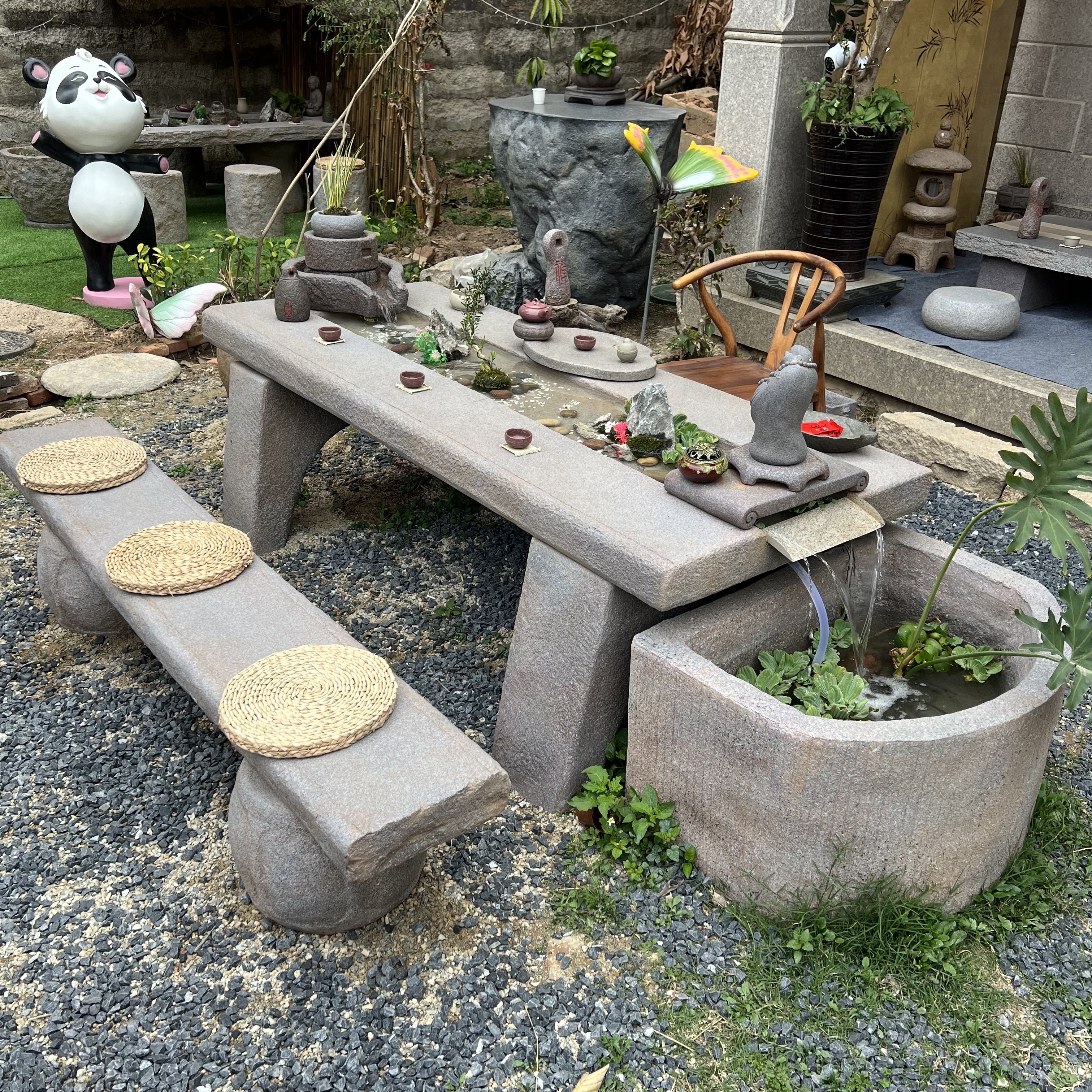 仿古户外石桌流水摆件茶台茶几禅意功夫茶桌椅生态微景观鱼池造景