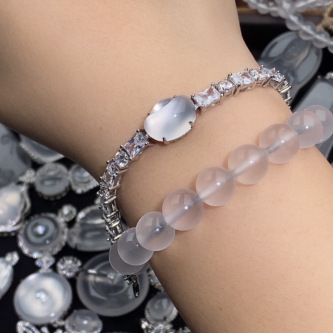 石英质玉银S925镀金镶嵌颈饰俄冰元宝钻钻手链