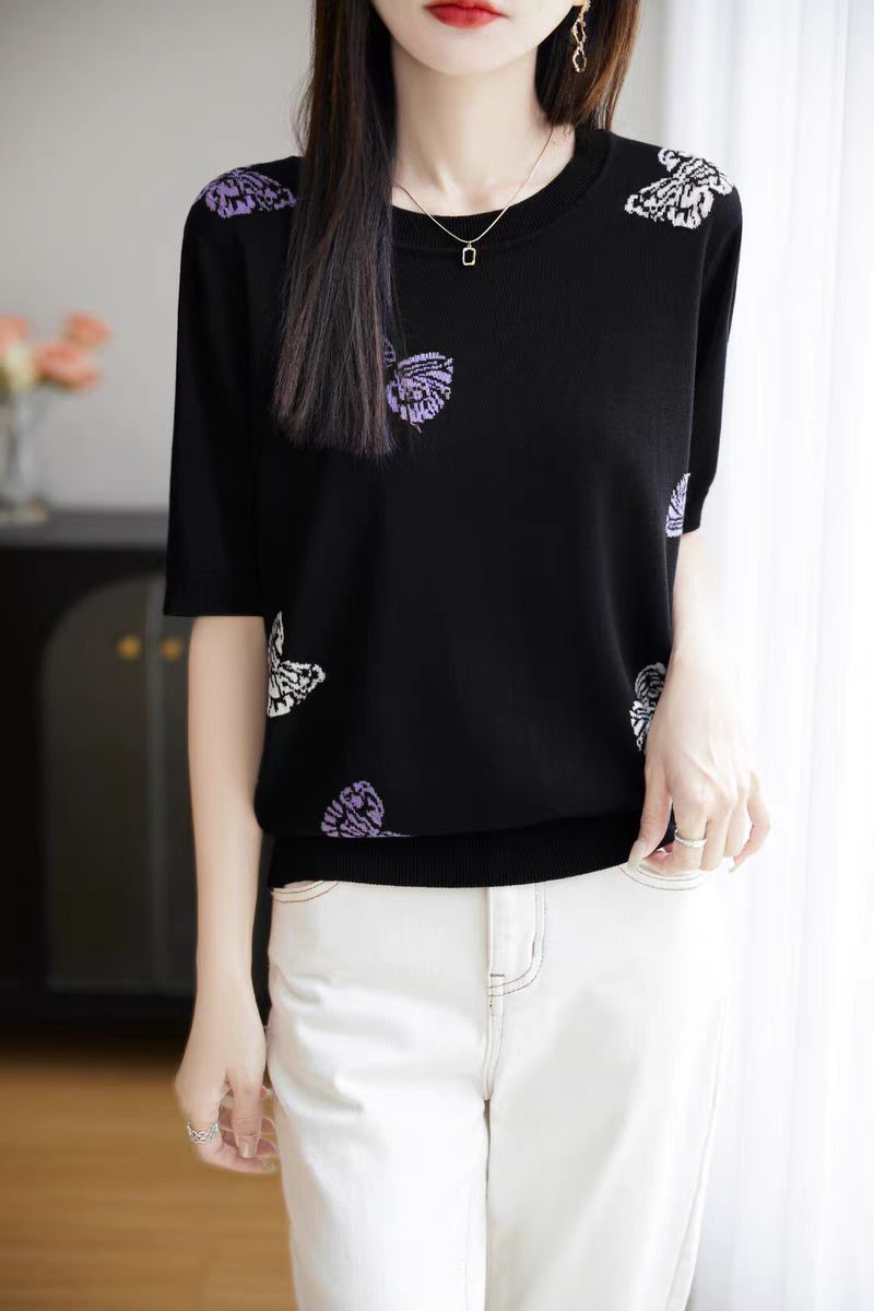 【蝴蝶-黑色】2025夏季新款时尚V领短袖T恤女蝴蝶提花针织衫宽松