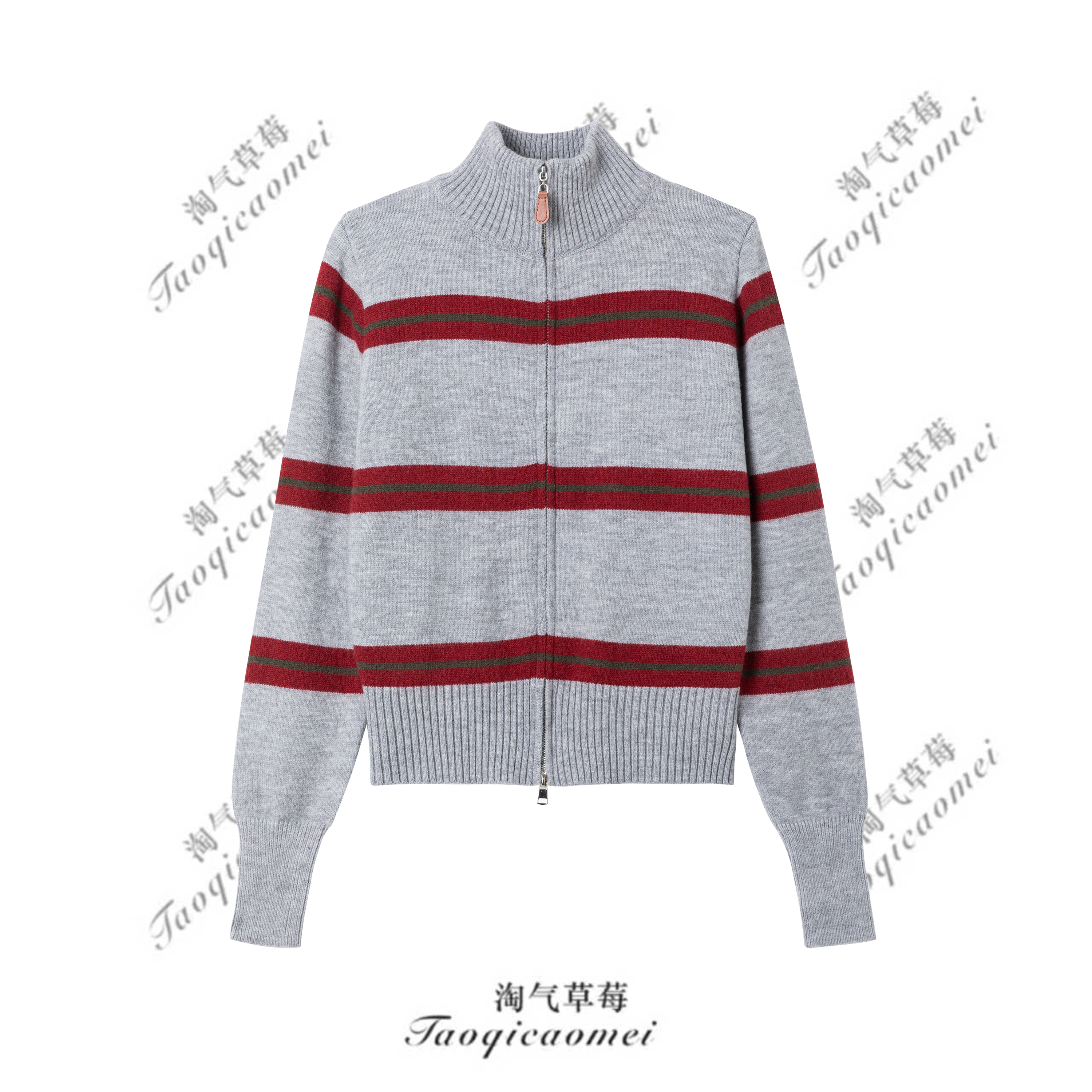 Taoqicaomei · 撞色条纹polo半高领毛衣女秋冬韩系双拉链针织外套