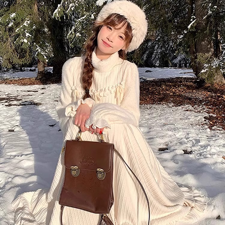 米白色厚款堆堆领针织拼接连衣裙秋冬季仙女风甜美裙子