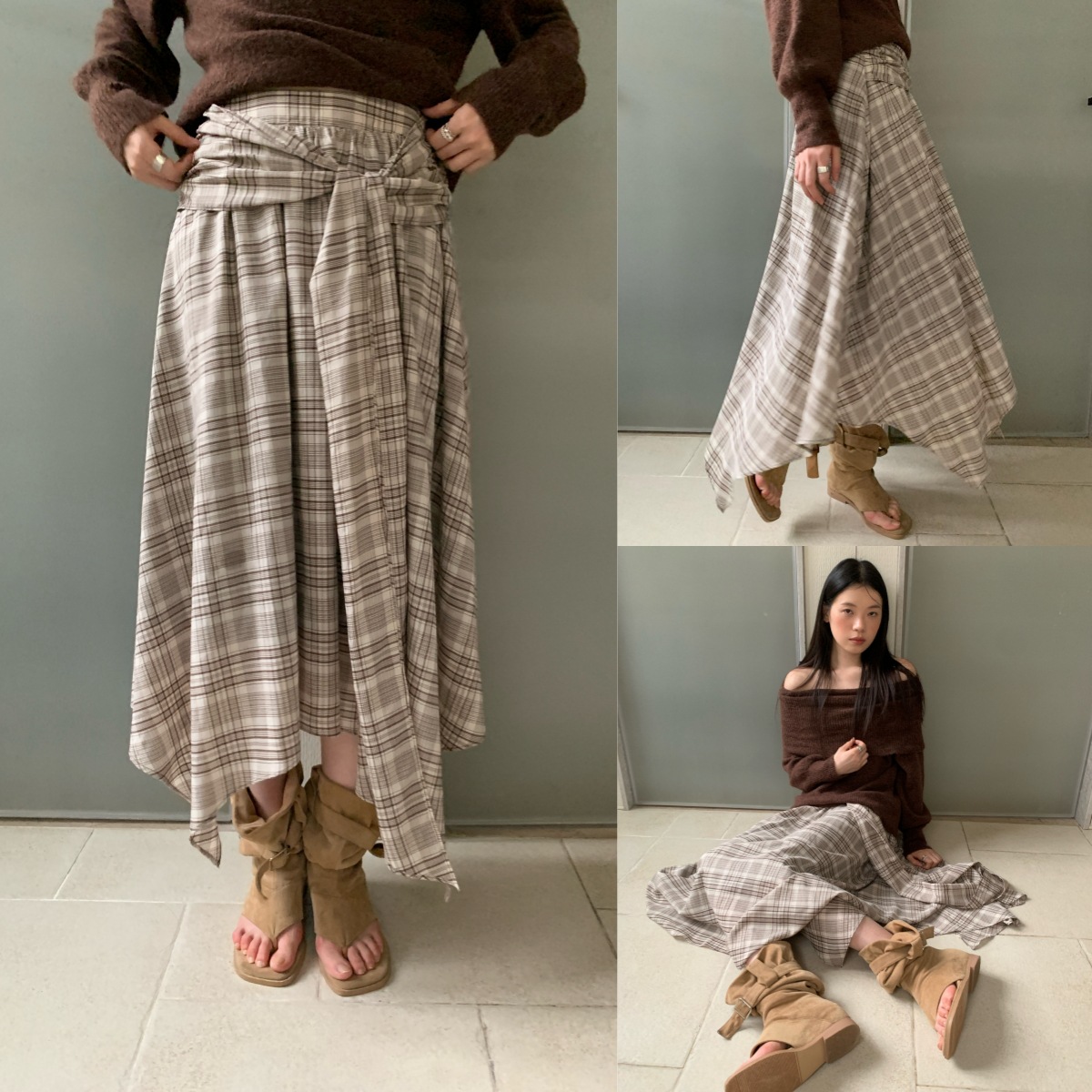 十三行秋季25秋复古小众设计感绑带不规则格子半身裙女F6520