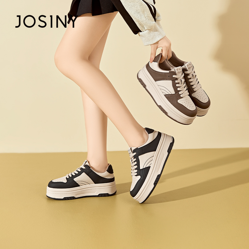 卓诗尼2025春秋松糕鞋系带秋季运动鞋小皮鞋休闲鞋深口女平底板鞋