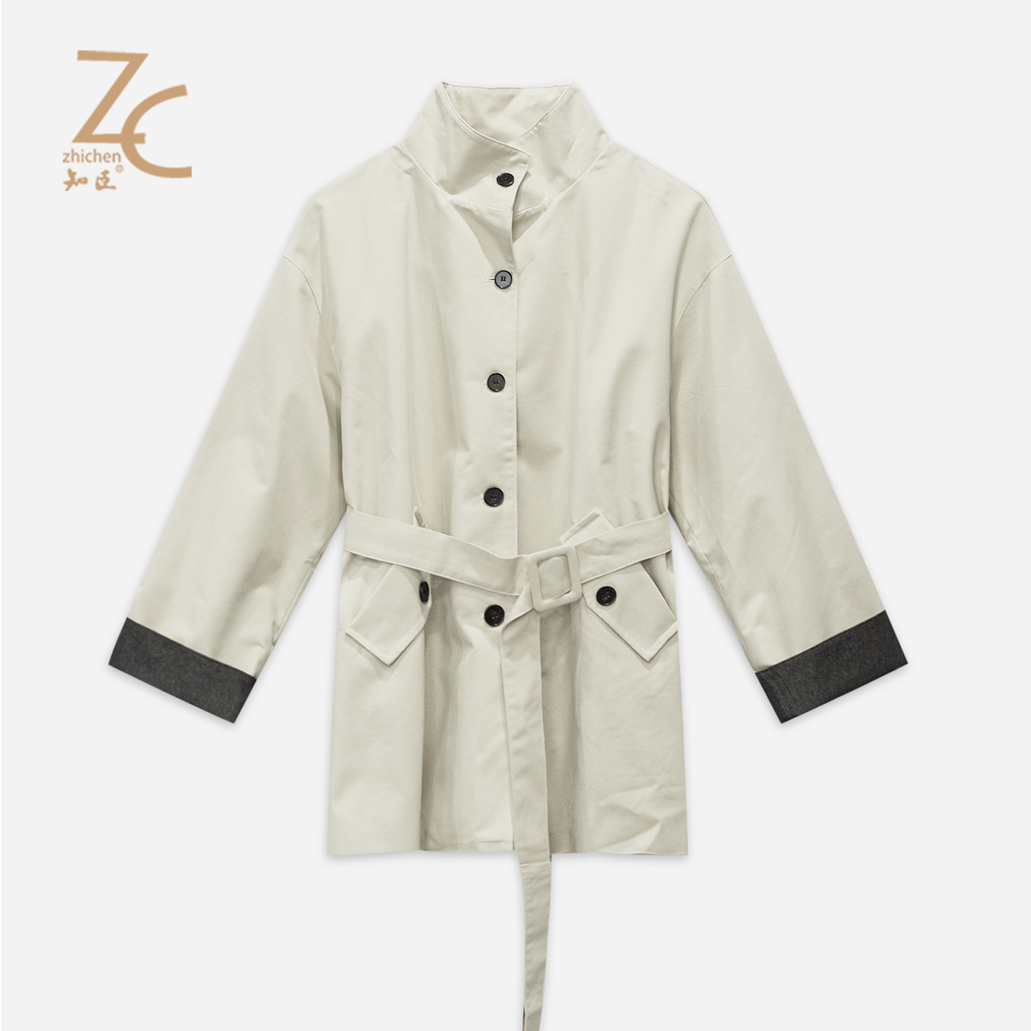 知臣秋季新品 休闲时尚文艺风可立领风衣外套女 T25813063