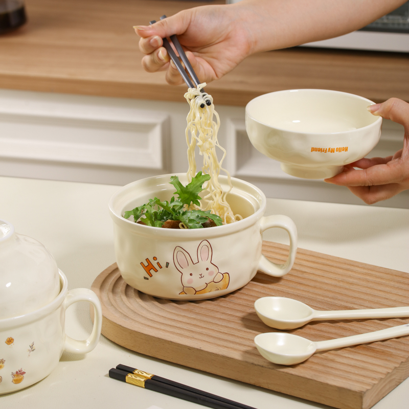 可爱陶瓷泡面碗带盖宿舍学生饭碗食堂打饭专用一人食碗筷餐具家用