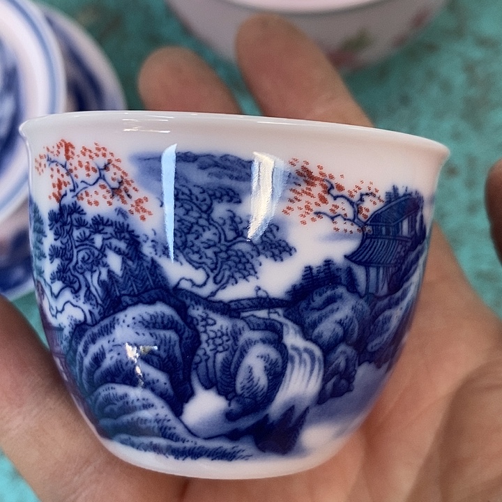 摆件陶红稀土山水釉里红小缸杯