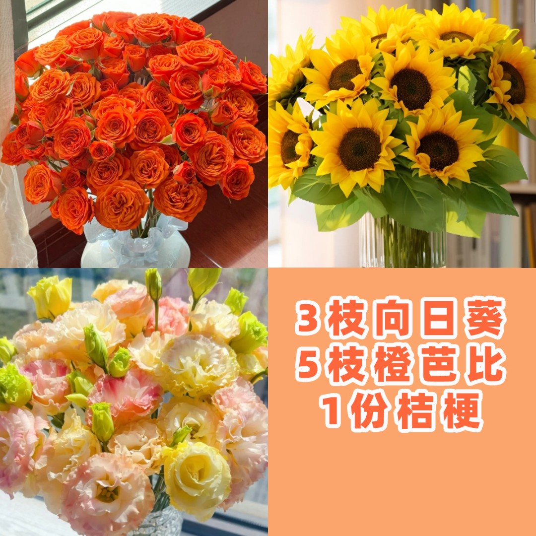 次日达-【橙心顺意】芭比5向日葵3香槟桔梗1份鲜花直播任意两单升级顺丰包邮三单送随机花瓶一个今天拍明天到