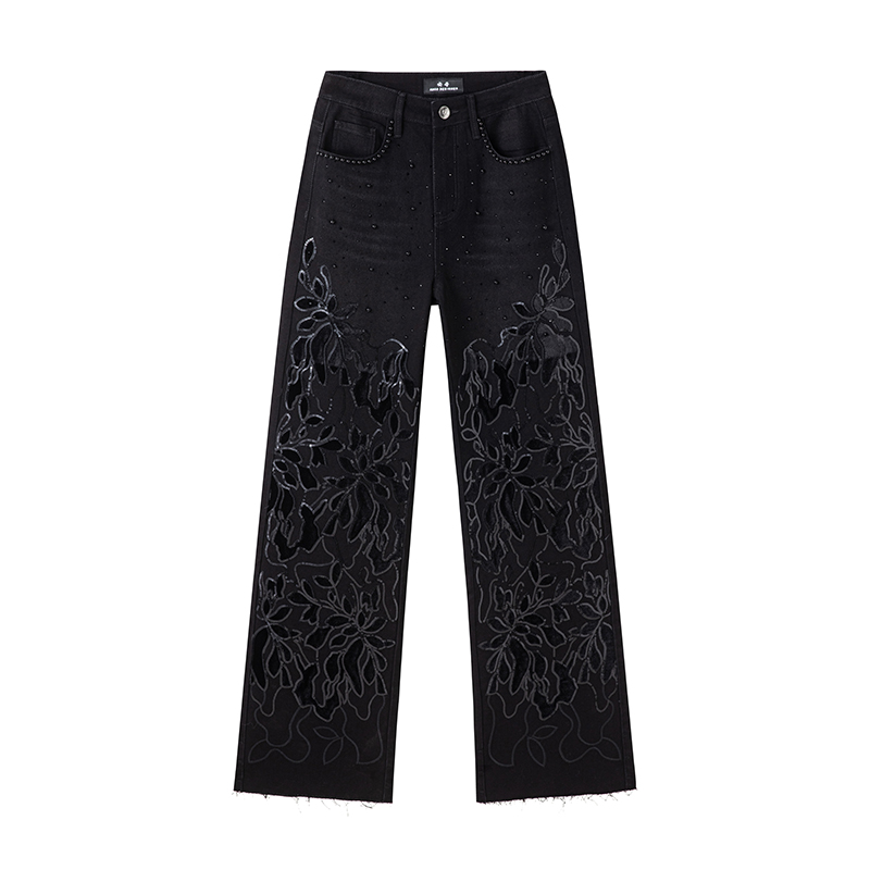 （安哥）阔腿裤黑色贴绒布亮片钉珠阔腿裤刺绣牛仔裤8967