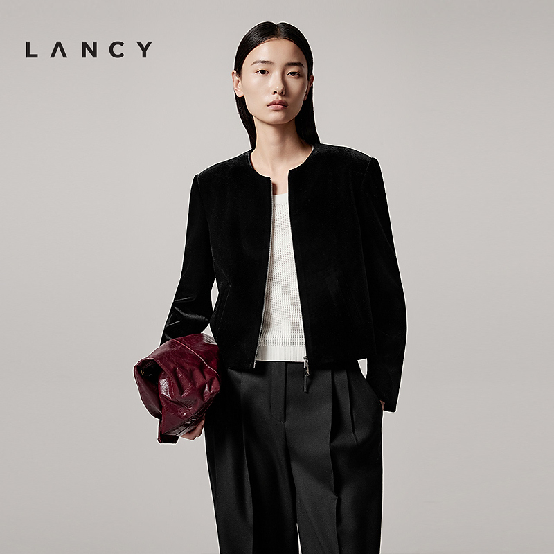 LANCY/朗姿2025年秋新款高级感丝绒黑色短外套气质圆领拉链上衣女
