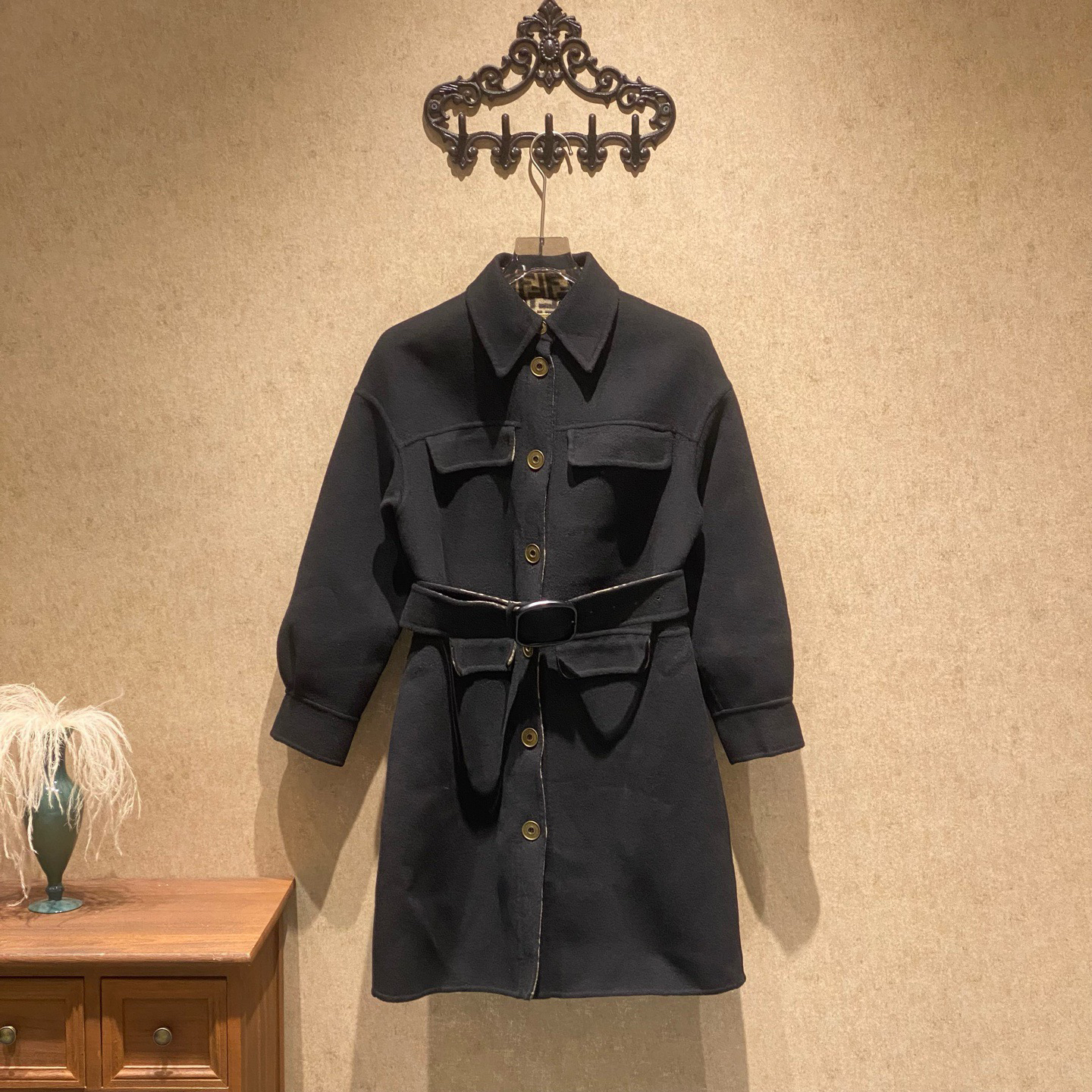 99新 FENDI/芬迪 爆款黑色老花满印羊毛大衣/36码/35696