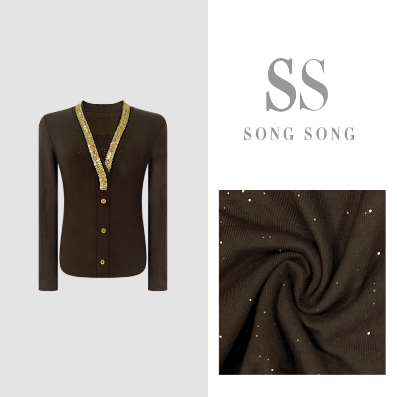 SONG-原创【香奢星光】冬季磨毛保暖V领拼亮片显瘦百搭上衣