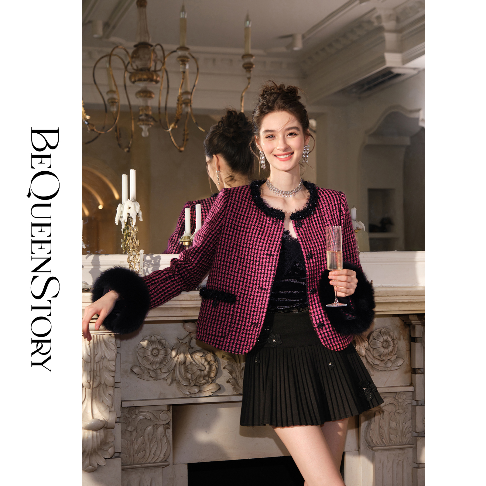 BeQueenStory【黑玫公爵】复古摩登气质可拆卸狐狸毛圆领小香风外套