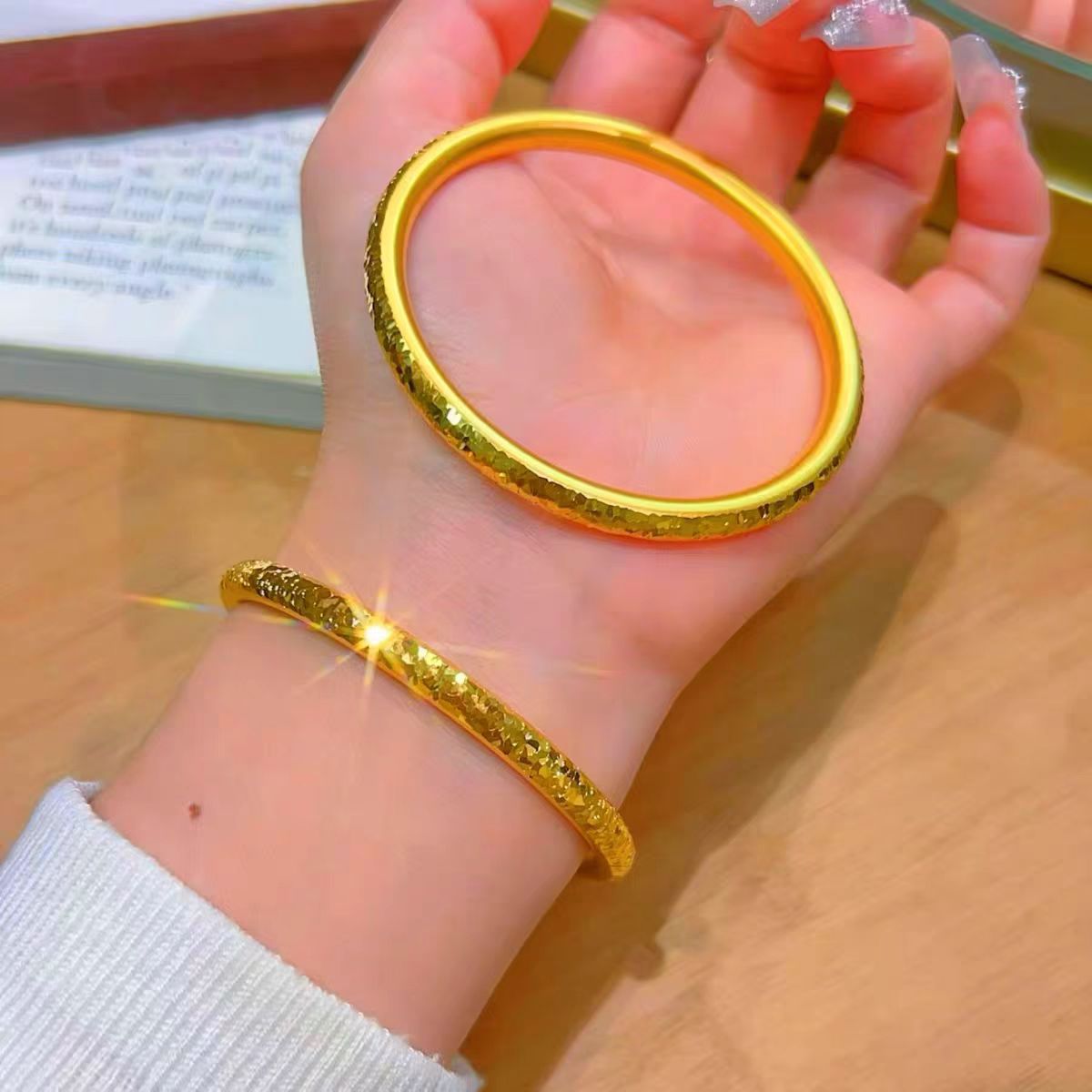 铜合金手镯 碎冰冰素圈古法手镯女轻奢小众设计