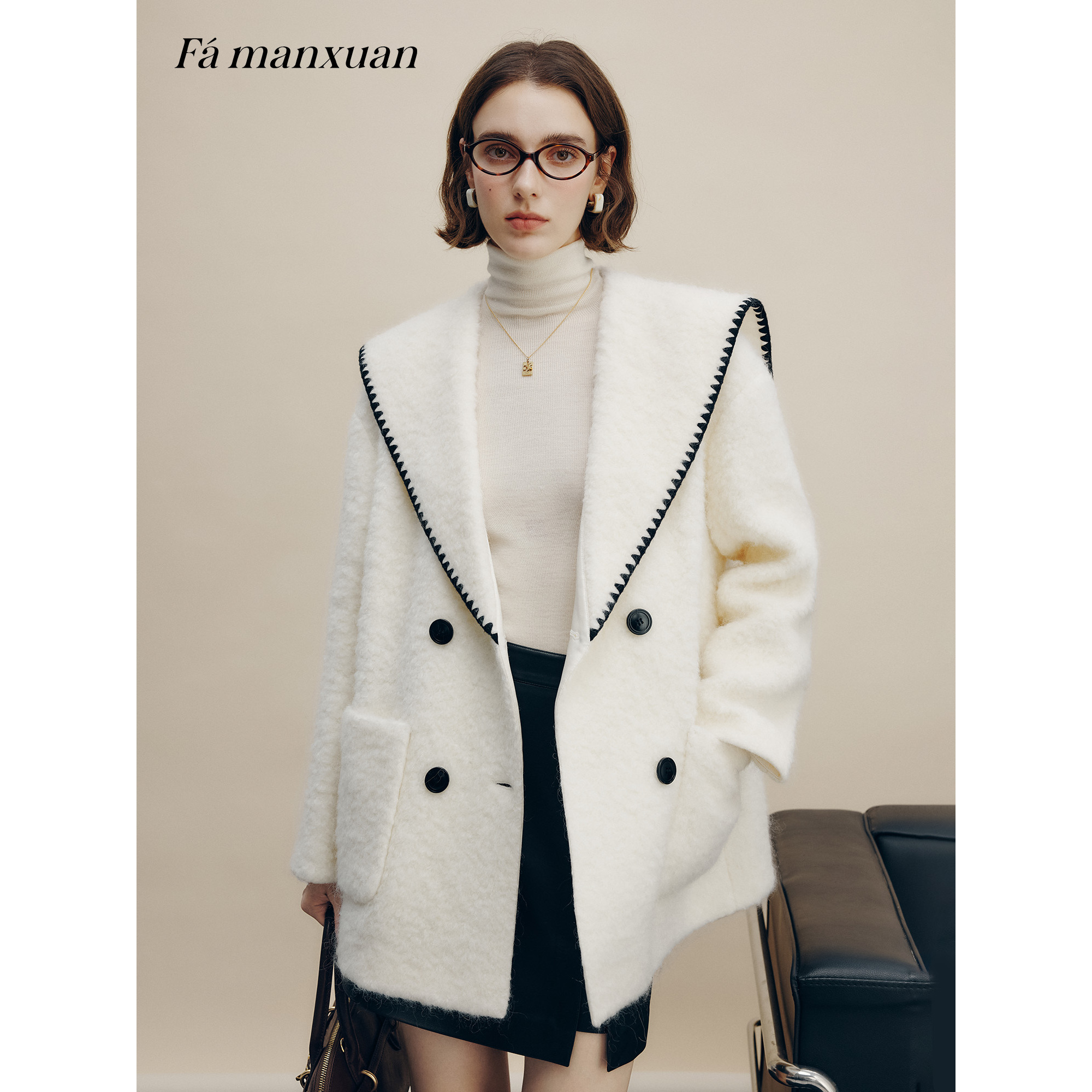 【陈大可专属】法曼萱贝壳绣海军领羊毛圈圈呢大衣女冬毛呢外套
