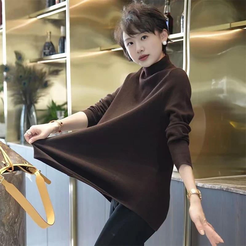 【松弛感】秋冬季咖色宽松气质显瘦半高领上衣百搭显瘦中长款打底衫