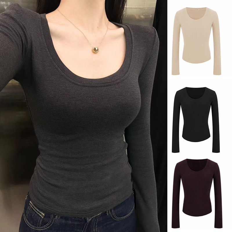 U领打底衫女2025秋冬新款圆领内搭长袖t恤修身显瘦低领上衣7127