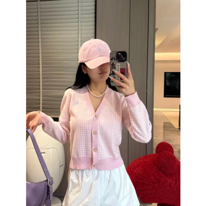 917-3# 小马刺绣大童女款 粉白格子开衫 