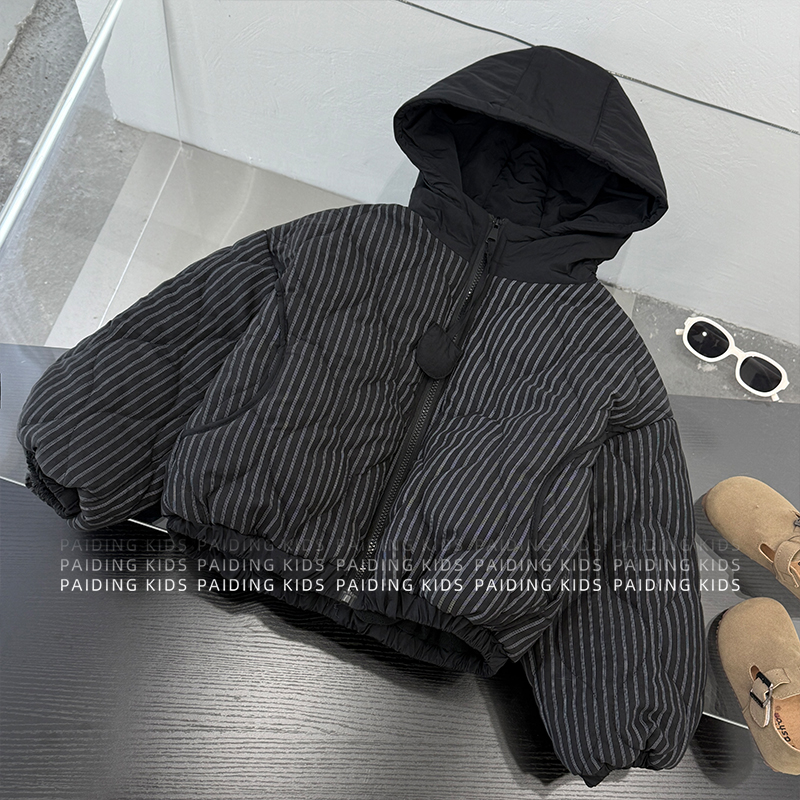 冬装儿童韩版时尚复古撞色竖条纹加绒保暖厚款连帽棉服SJ6910