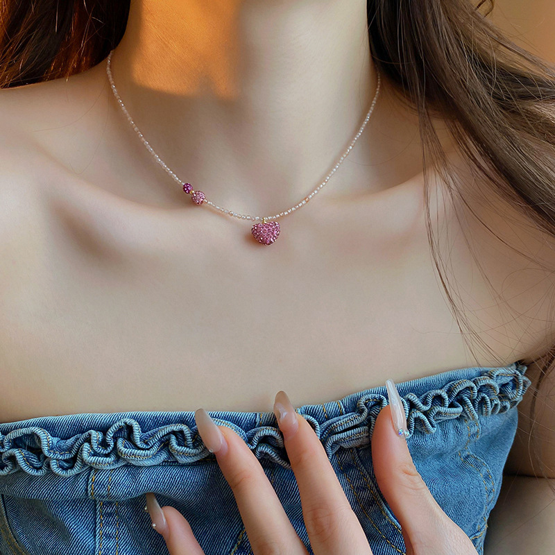 非金属仿水晶项链 粉色水晶款粉色爱心吊坠项链女锁骨链甜美可爱