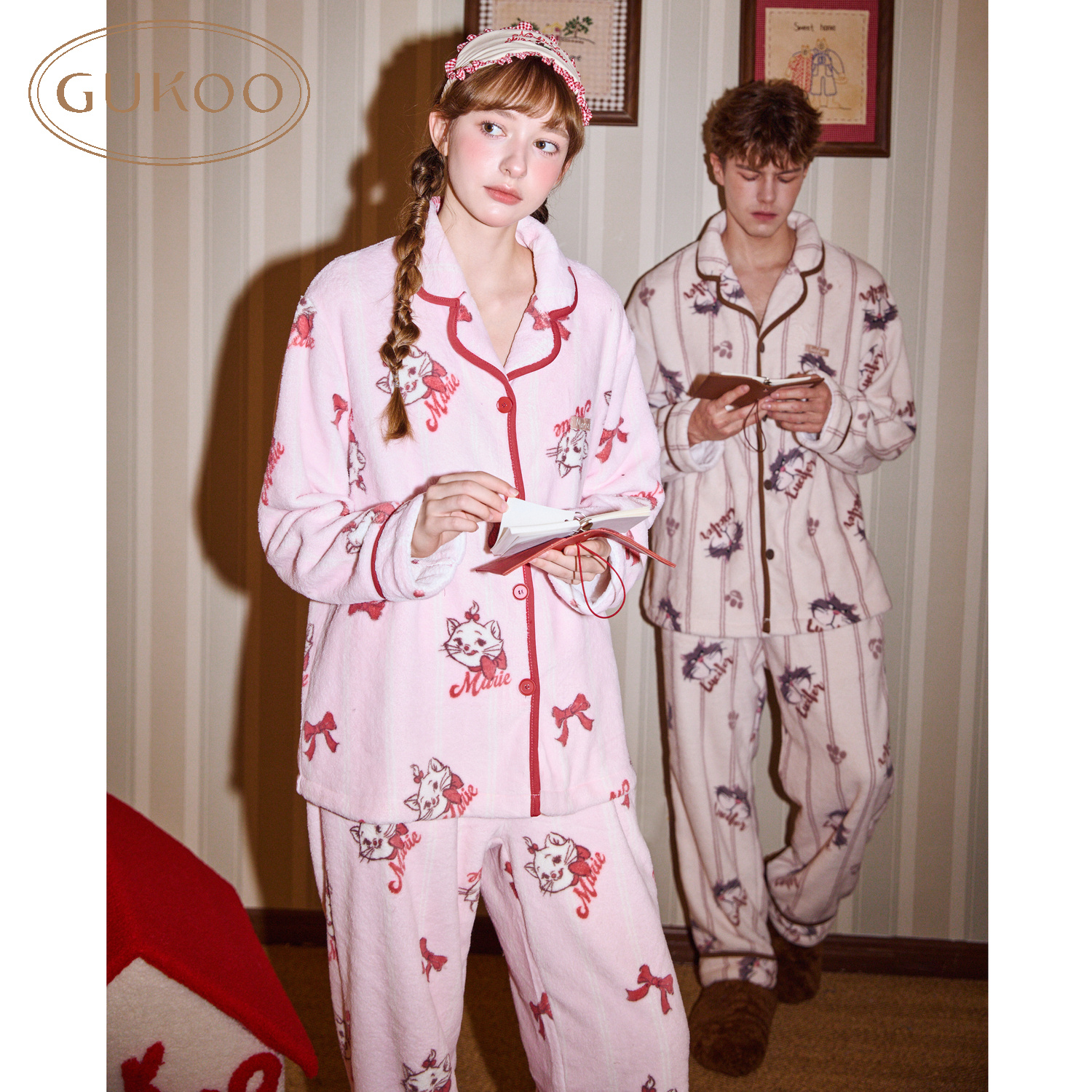 Gukoo/果壳情侣睡衣冬季毛绒保暖新款迪士尼联名女士家居服套装