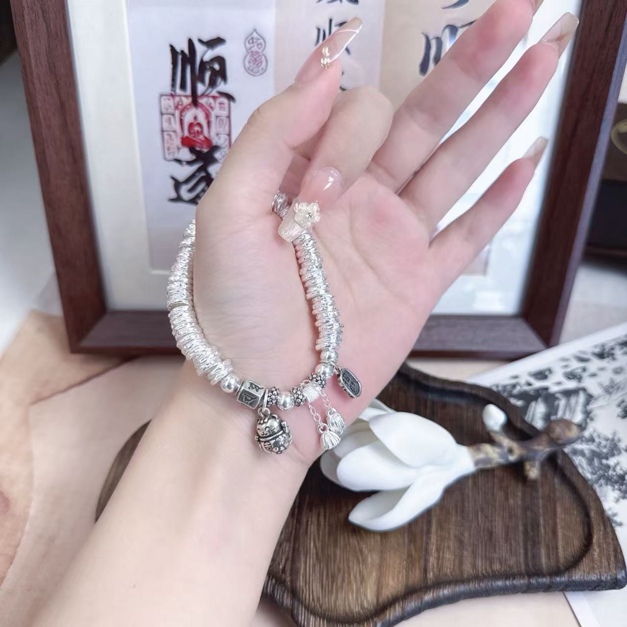 足银手链 碎银几两招财猫盘缠亮亮闪闪弹力绳百搭手链