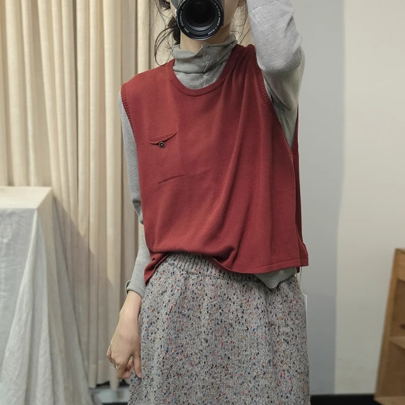 温柔秋季新款韩系淑女简约风宽松休闲拼接小口袋百搭减龄针织背心