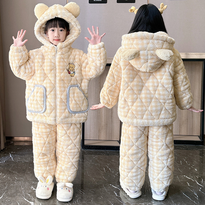 冬季女童睡衣三层夹棉法兰绒儿童公主洋气套装加绒加厚女孩家居服