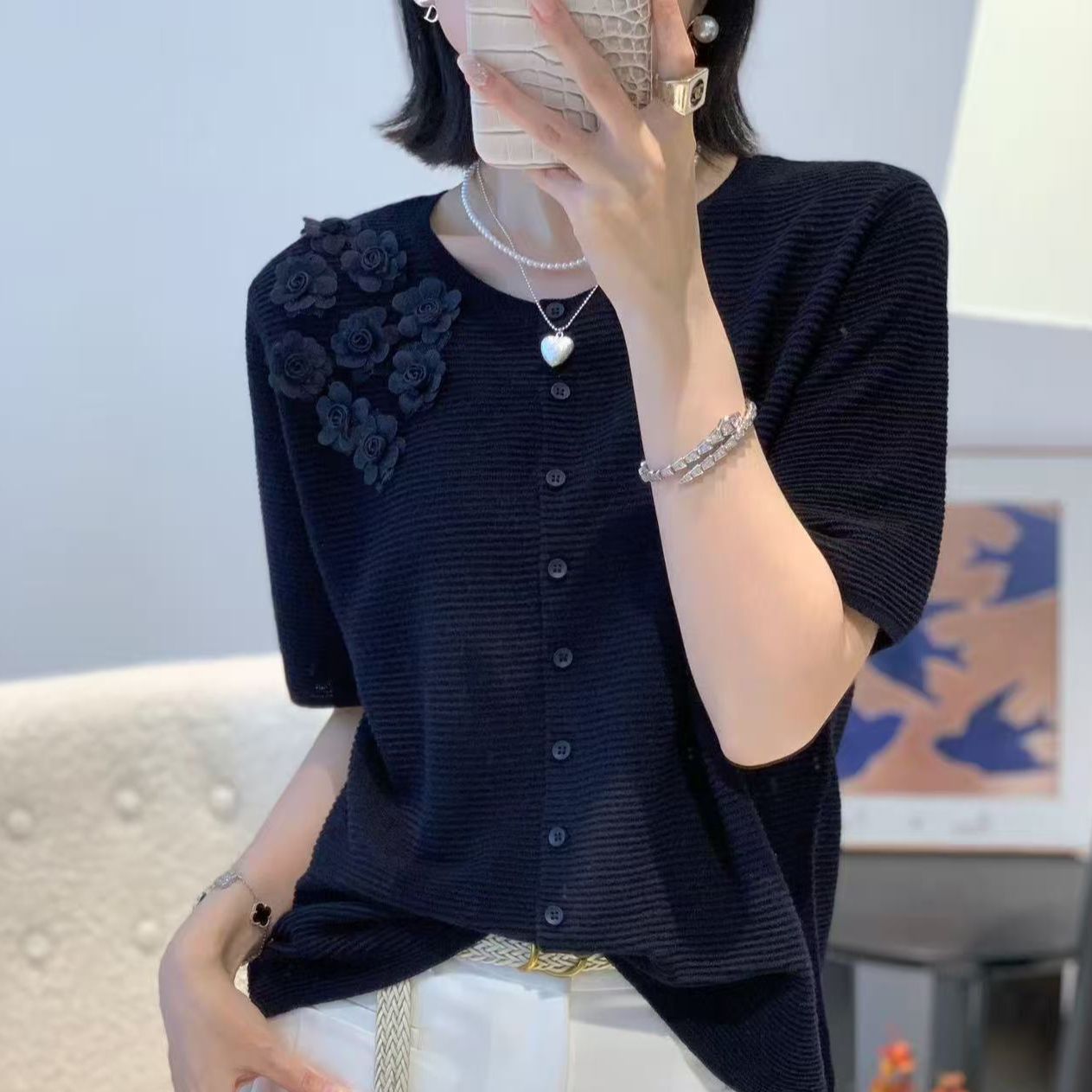 小香风簪花鼓波纹短袖女士针织开衫L556