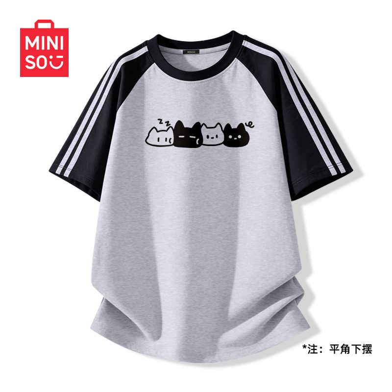 MINISO名创优品灰色插肩短袖t恤女夏季韩版宽松小众别致运动上衣