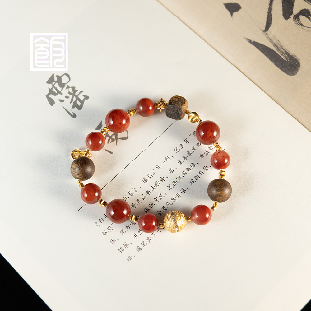 【红锦】沉香玛瑙百搭手串 （天然珠宝多样性发）