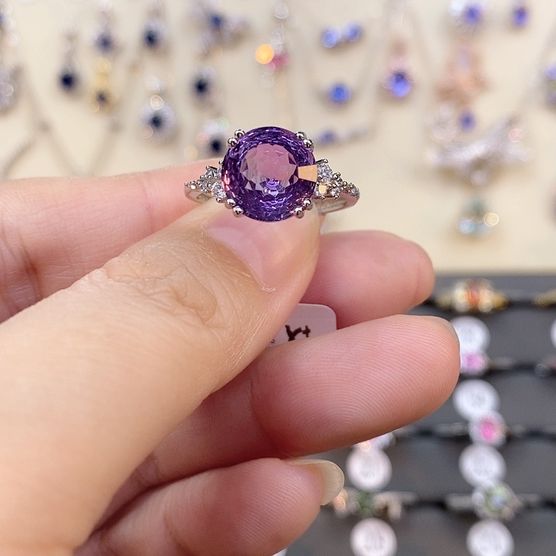 紫晶戒指银S925镶嵌圆