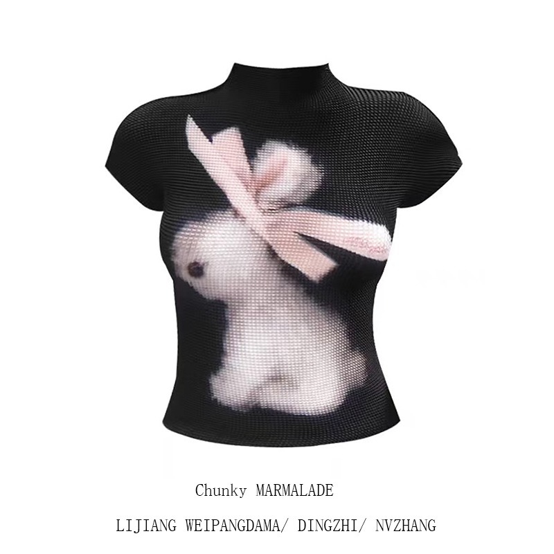 大码纯欲黑色丝带兔印花正肩短袖t恤女夏季修身甜辣妹半高领上衣