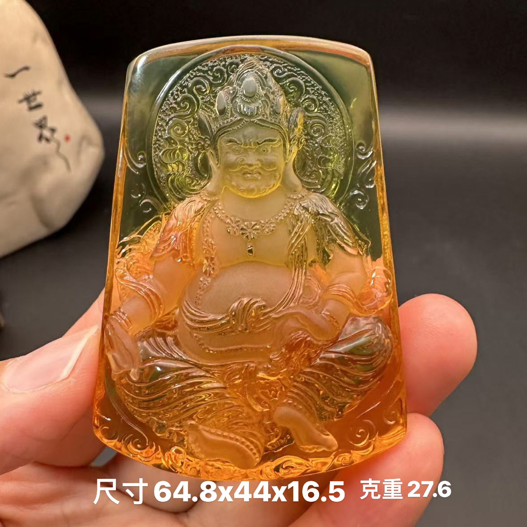 缅甸天然琥珀大师工蓝珀黄财神方牌吊坠挂件